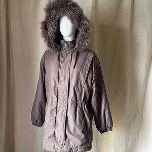 Vintage Mauve Taupe Parka Coat w/ Fox Fur Hood Trim Bromley Sport Thermolite M